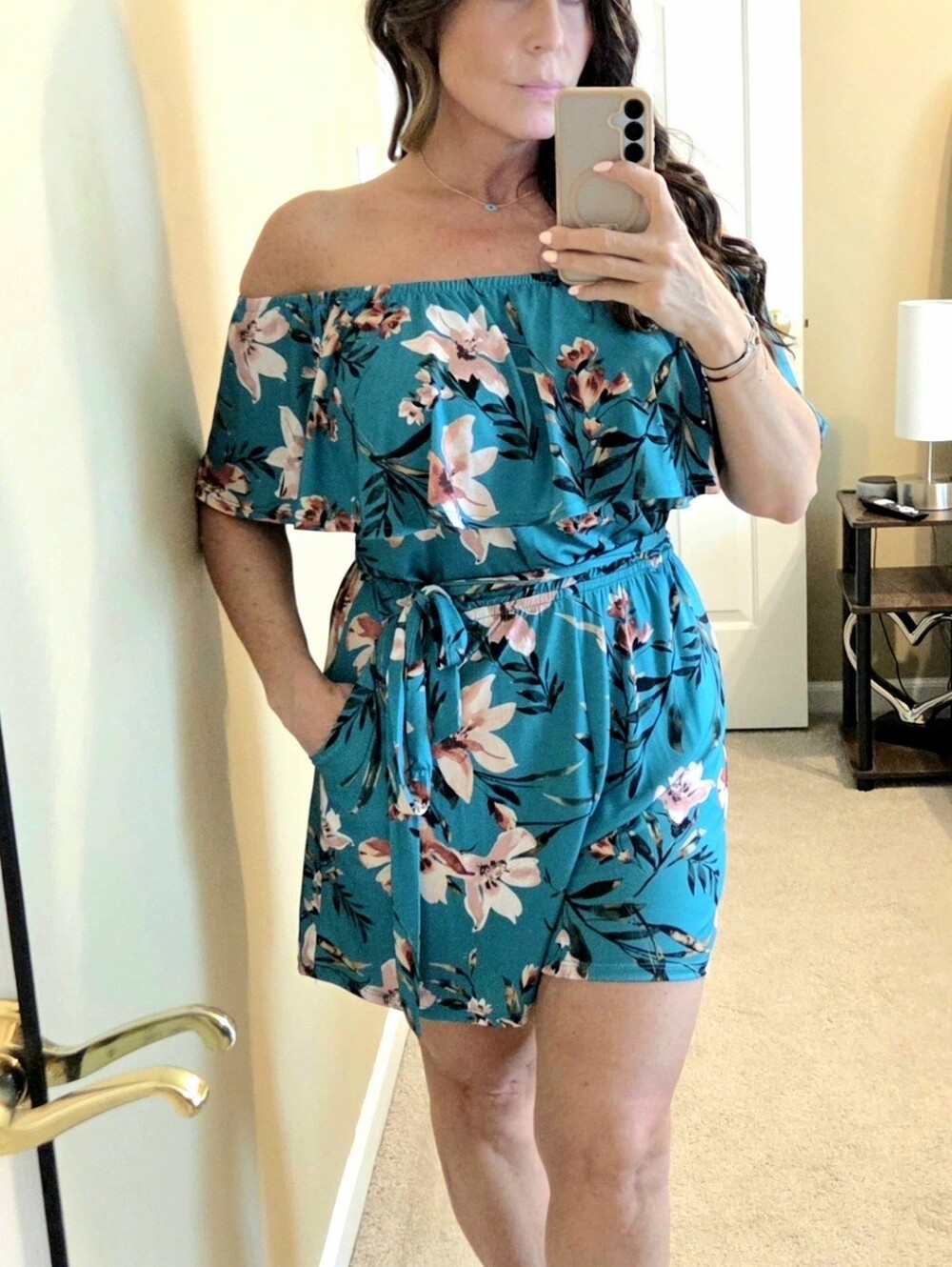 Veronica M. Teal Floral Off Shoulder Romper